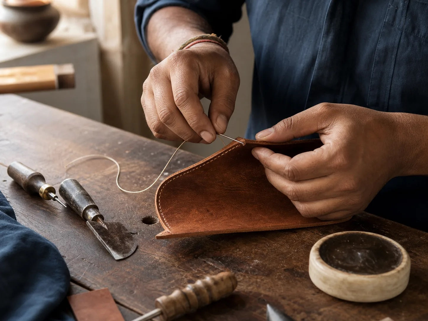 Artisan hand-stitching brown leather at a workbench