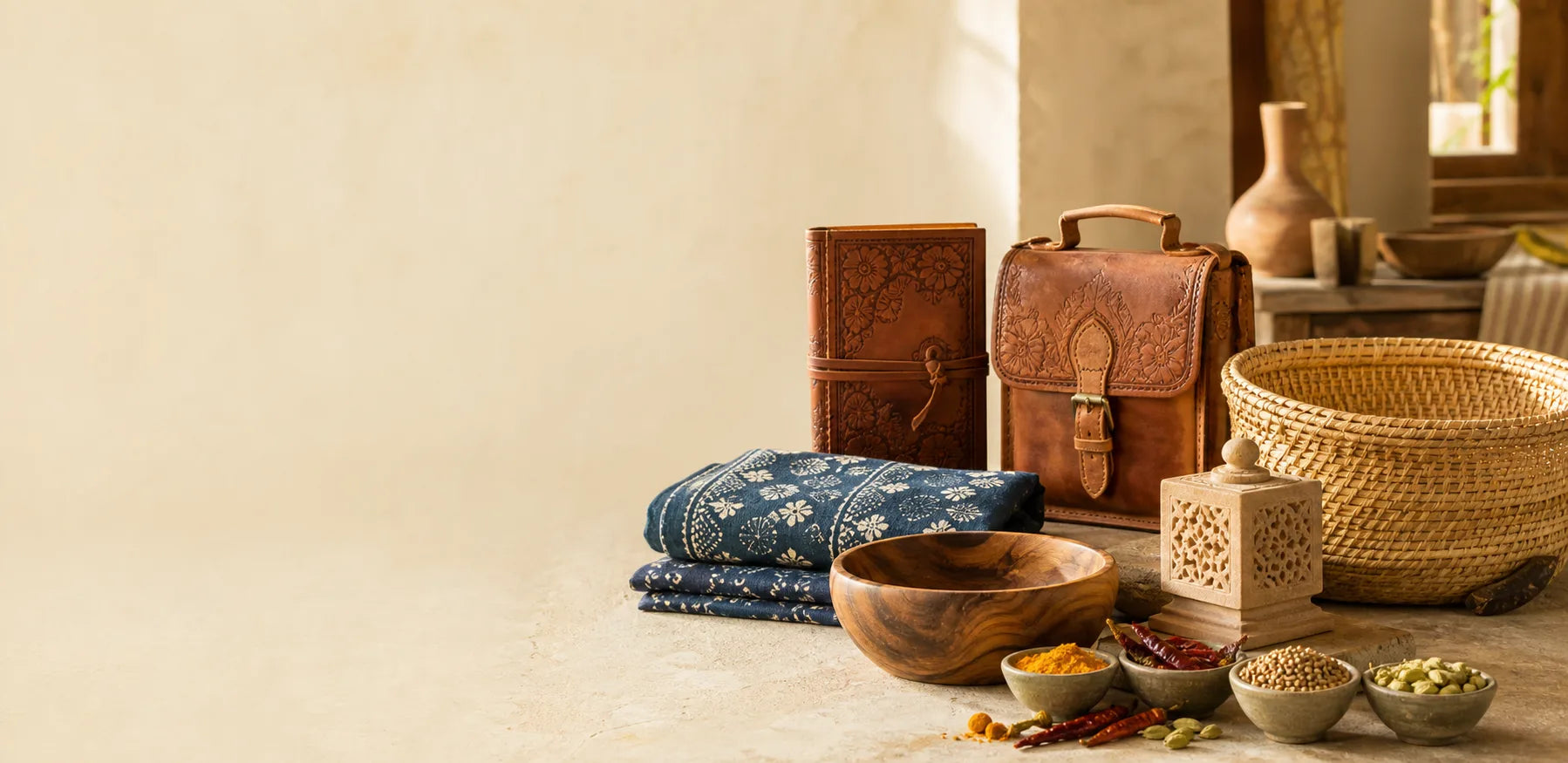 Indian leather, wood, stone, textile and cane crafts with whole spices arranged in an artisan studio